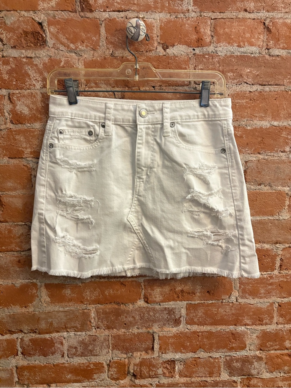 American Eagle Outfitters White Distressed Denim Mini Skirt with Frayed Hem